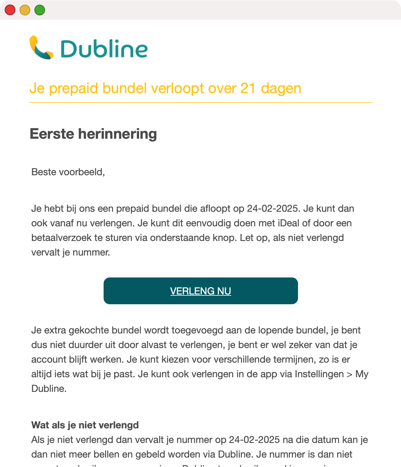 Voorbeeld van de e-mail die je krijgt voor het verlengen van je prepaid bundel