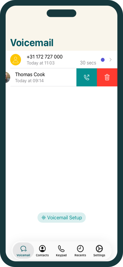Dubline app op iPhone met de optie om een voicemail te verwijderen